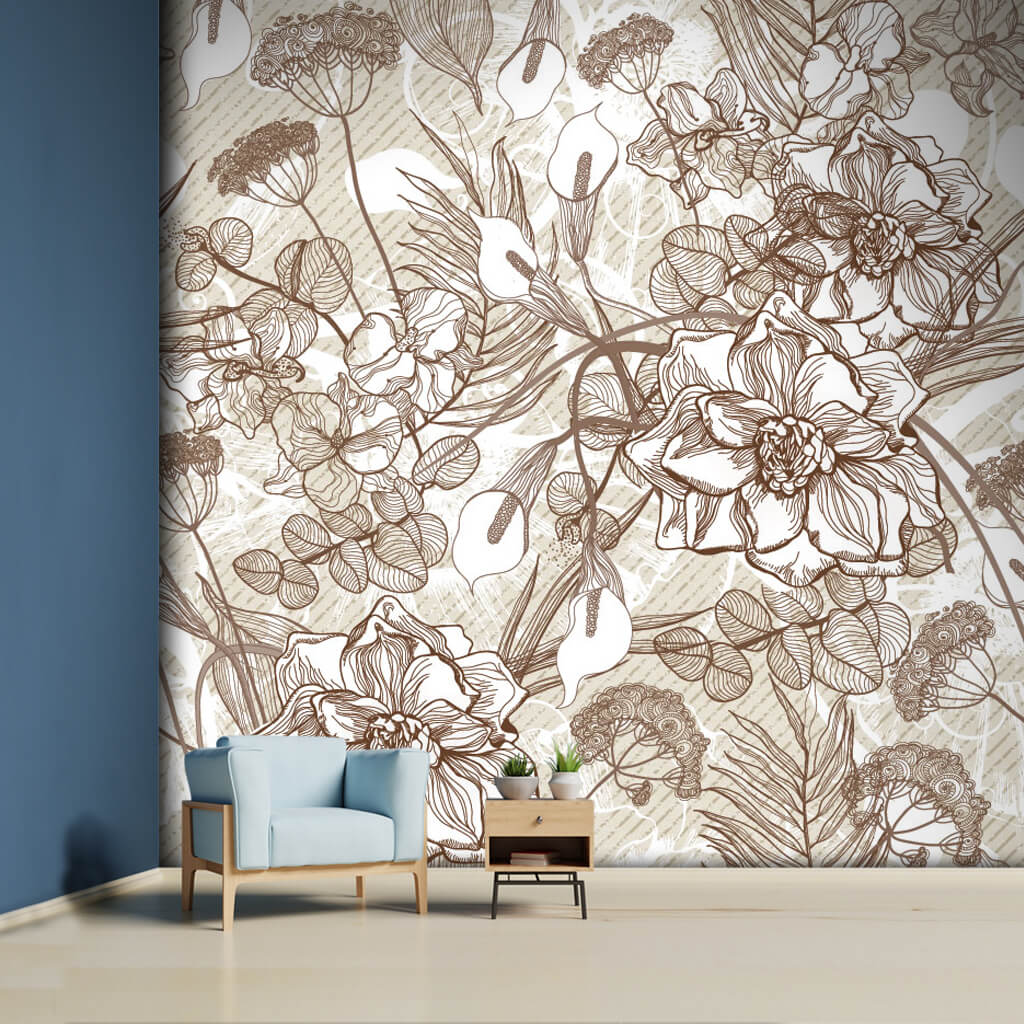 Sepia vector linear retro flower pattern custom wall mural