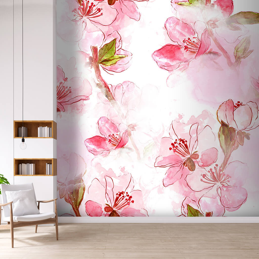 Suluboya japon kiraz çiçeği sakura desenli çizim duvar kağıdı
