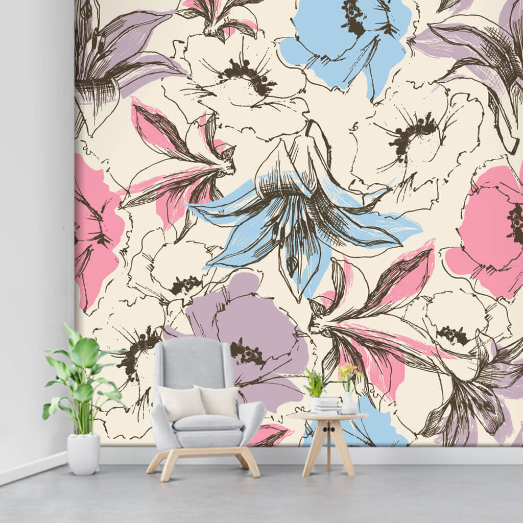 Retro vectorial pattern with lily and poppy wall mural