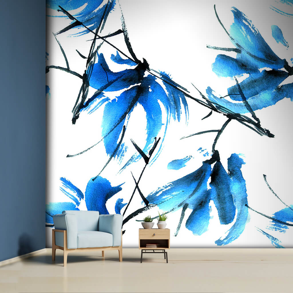 Flower branch in watercolor with black blue ink wall mural
