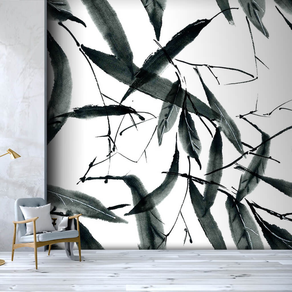 Watercolor leafy tree branch with black ink wall mural