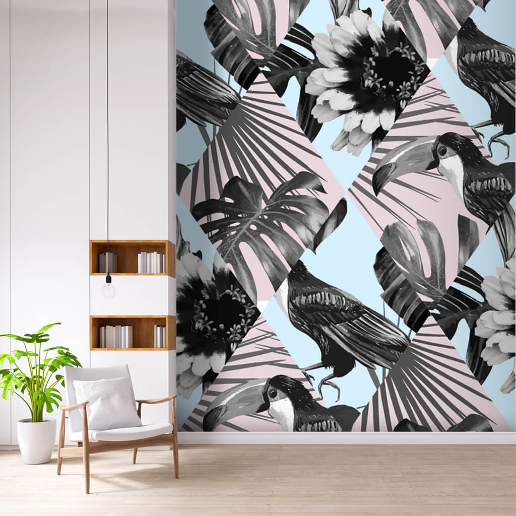 Tropical motifs prism effect monstera and bird wall mural