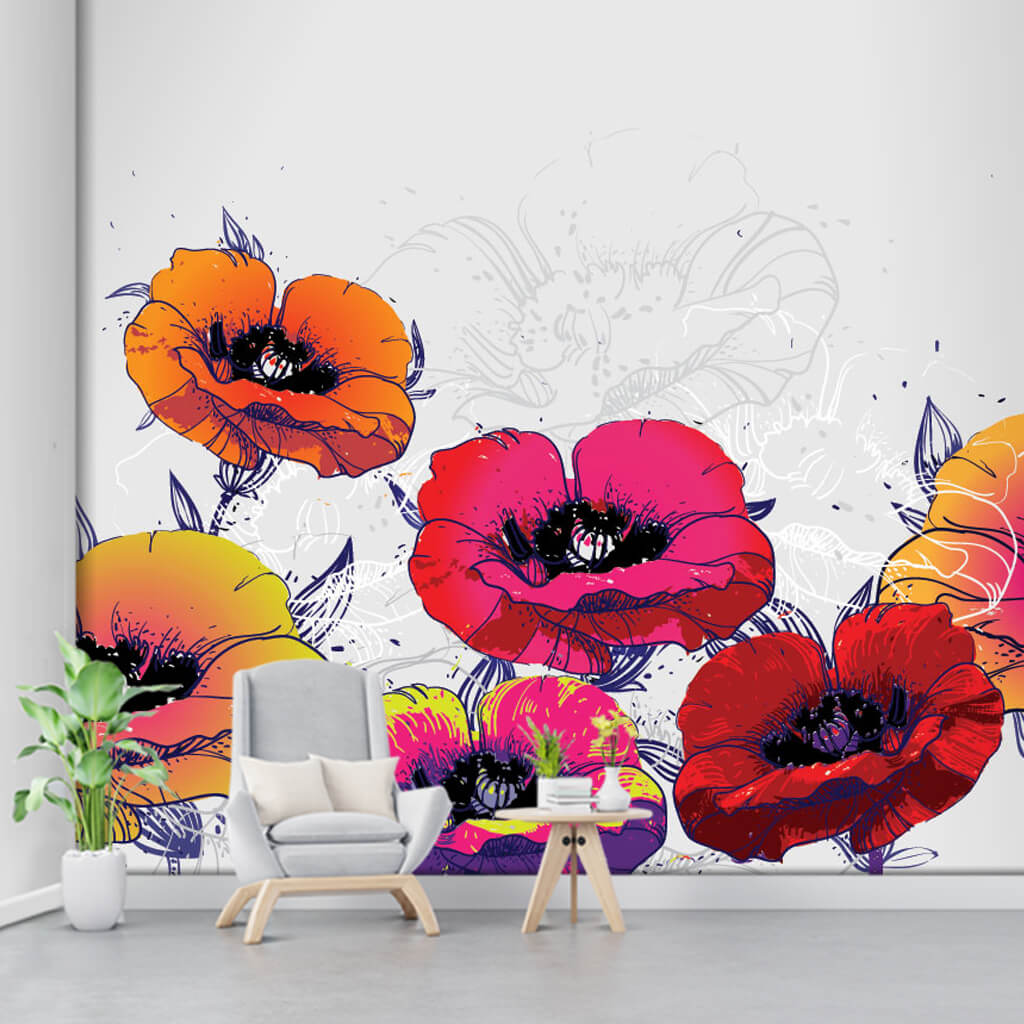 Picture of blooming poppies in summer drawing wall mural
