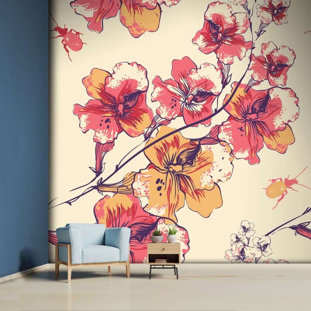 Spring themed colorful flowers and insect drawing wall mural