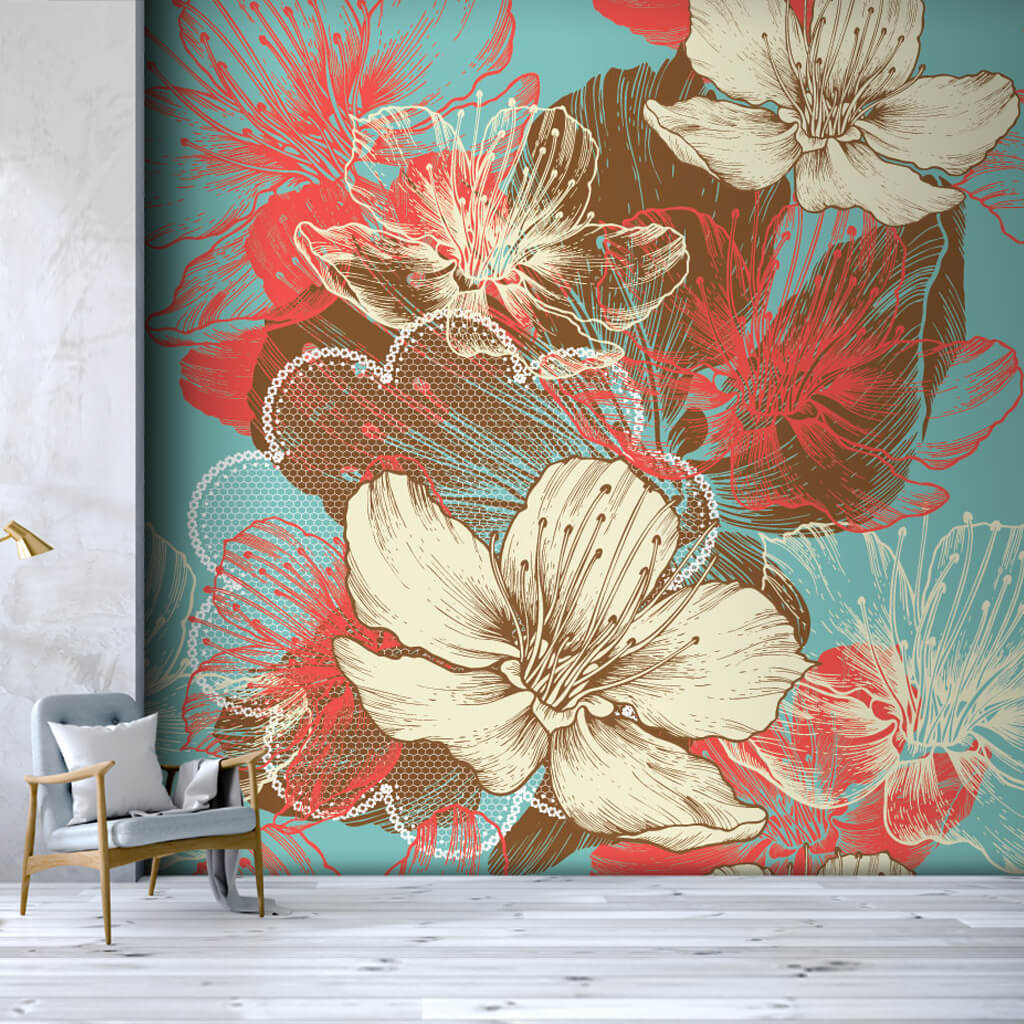 Illustration of apple flowers on blue vector  wall mural