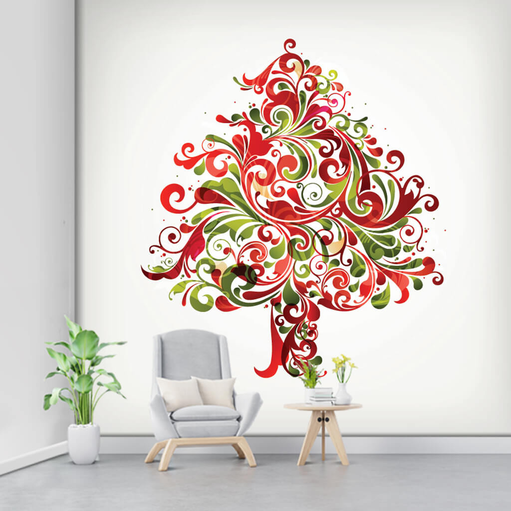Tree with green red ornaments on white background wall mural