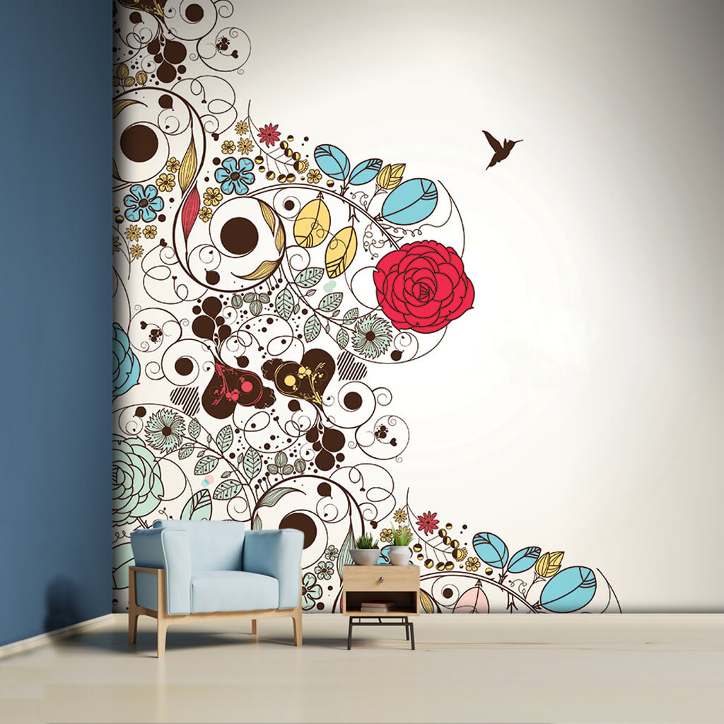 Rose in leaves and branches graphic drawing art wall mural