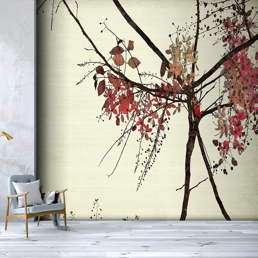 Kırmızı sonbahar yapraklı ağaç dalları vintage duvar kağıdı