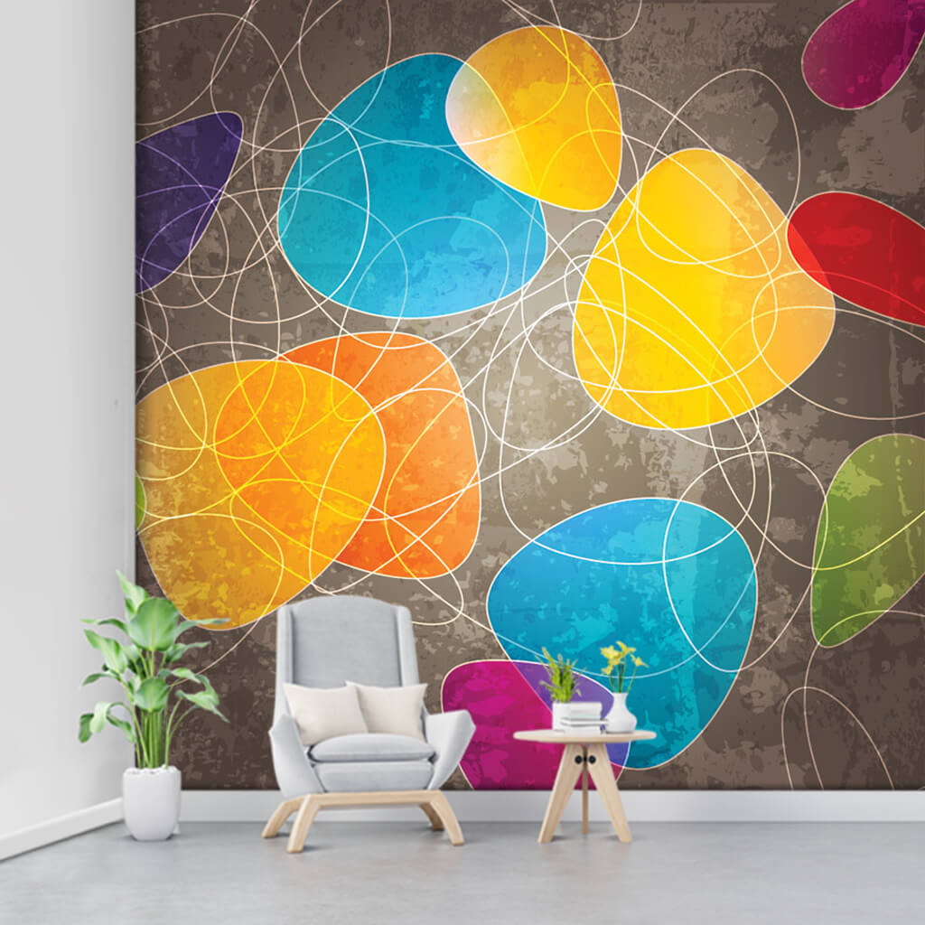 Yellow blue red colors on brown retro custom wall mural