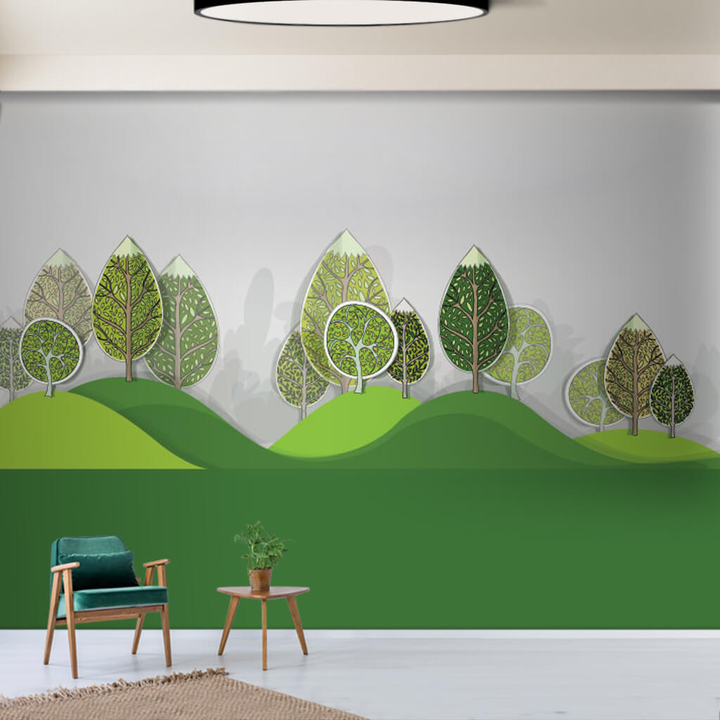 Green nature hills and trees illustration graphic wall mural