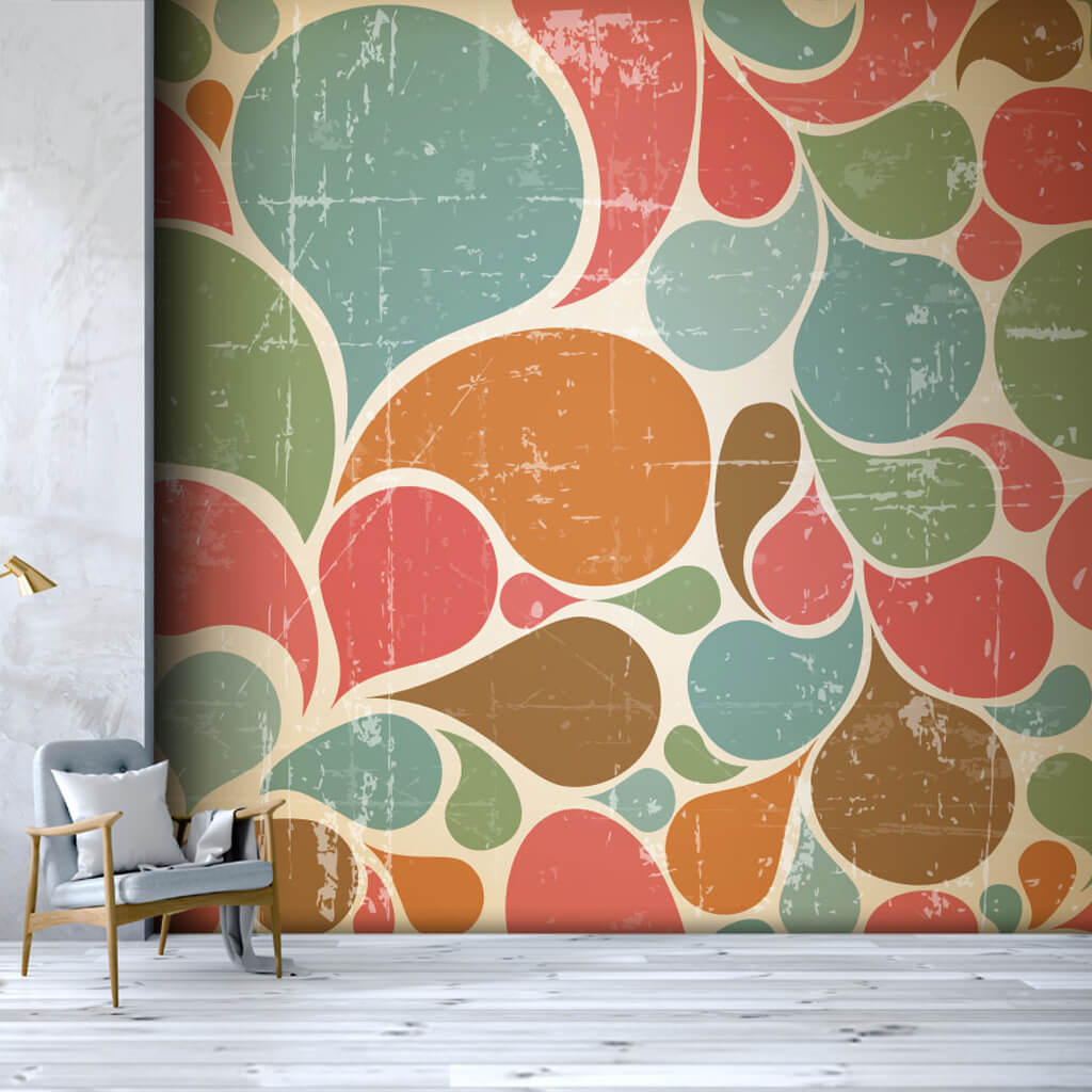 Retro colors with abstract water drops and leaves wall mural