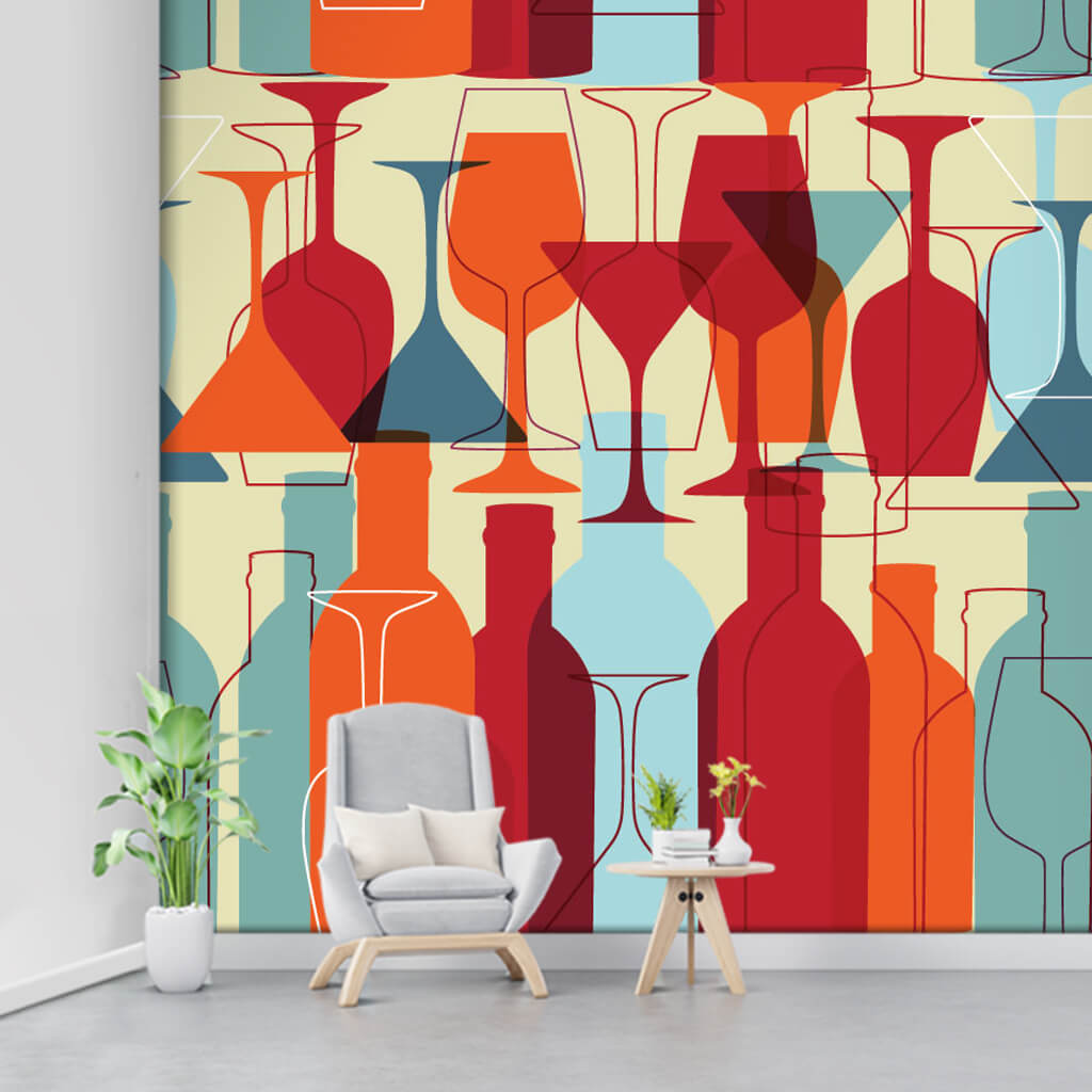 Illustration with bottles and cups in retro colors wall mural
