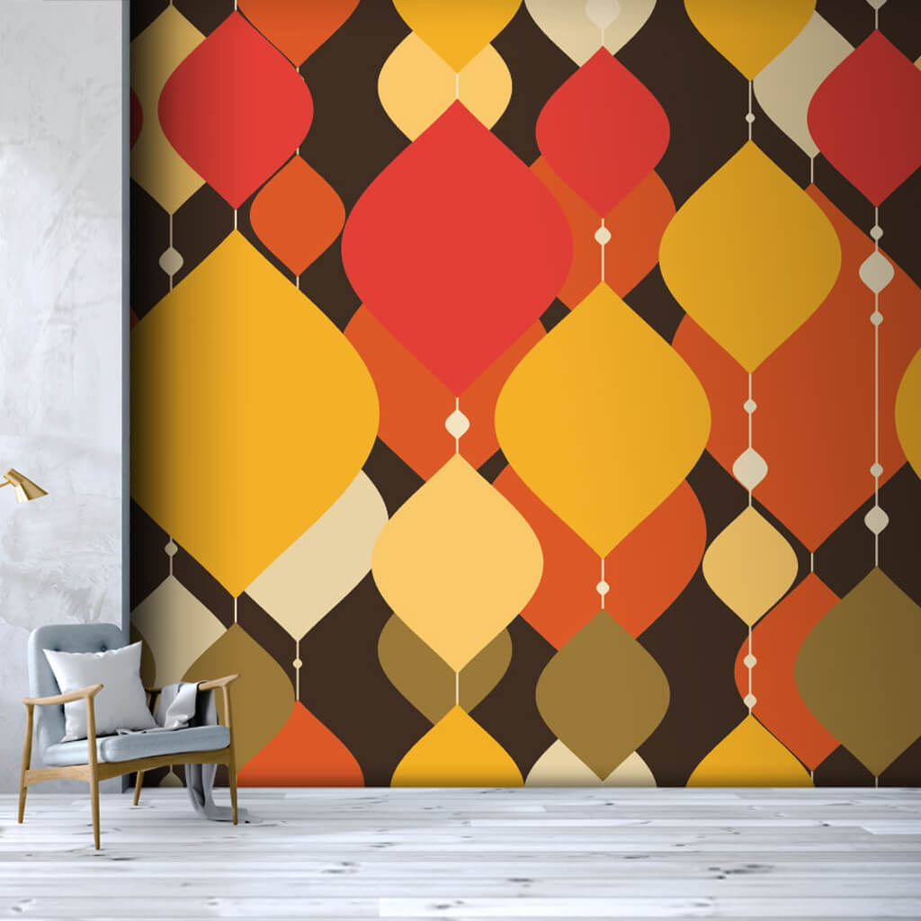 Yellow red retro patterns on brown custom scalable wall mural