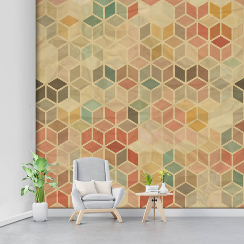 Prisms and cubes tumbled retro pattern custom wall mural