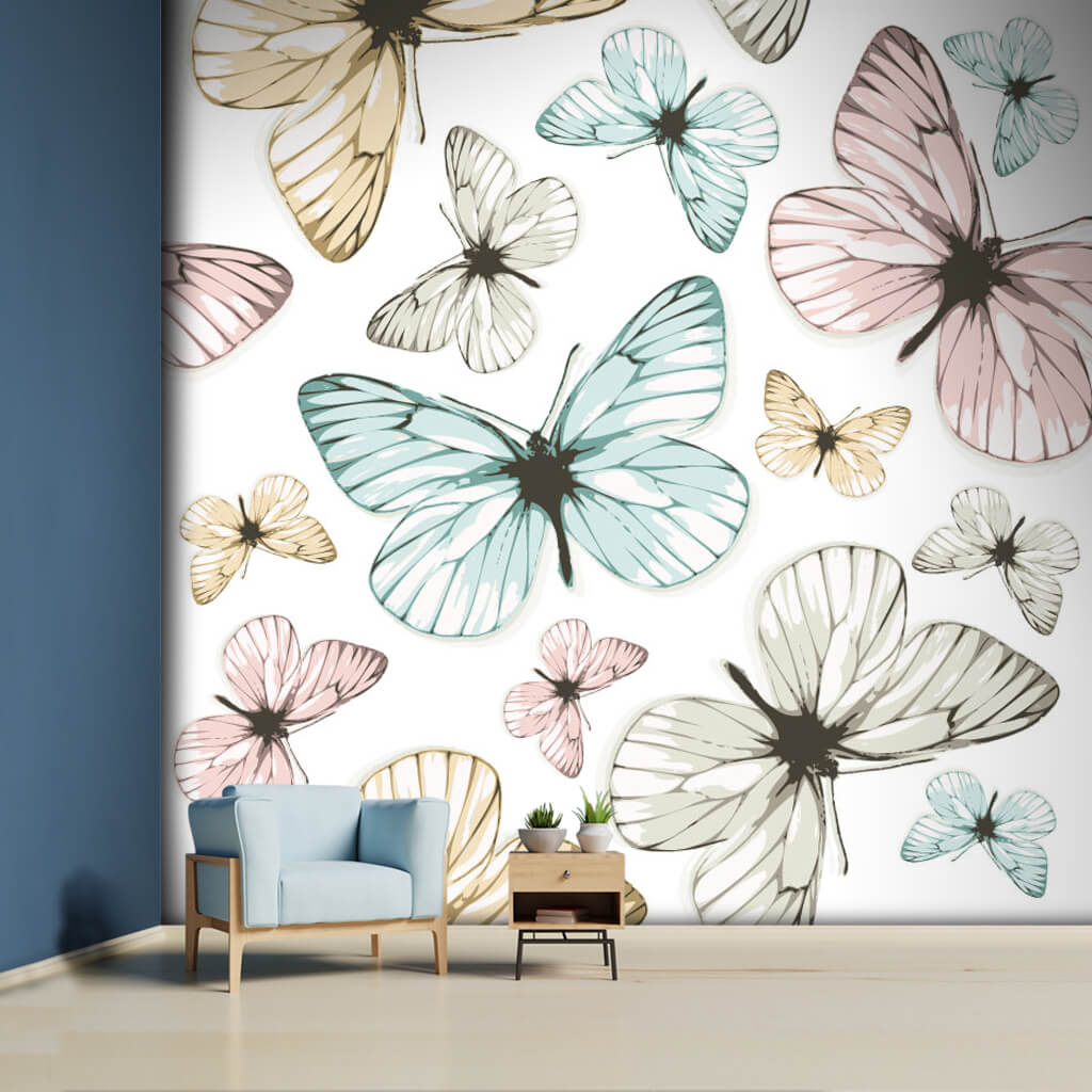 Pattern of butterflies with wings on white custom wall mural