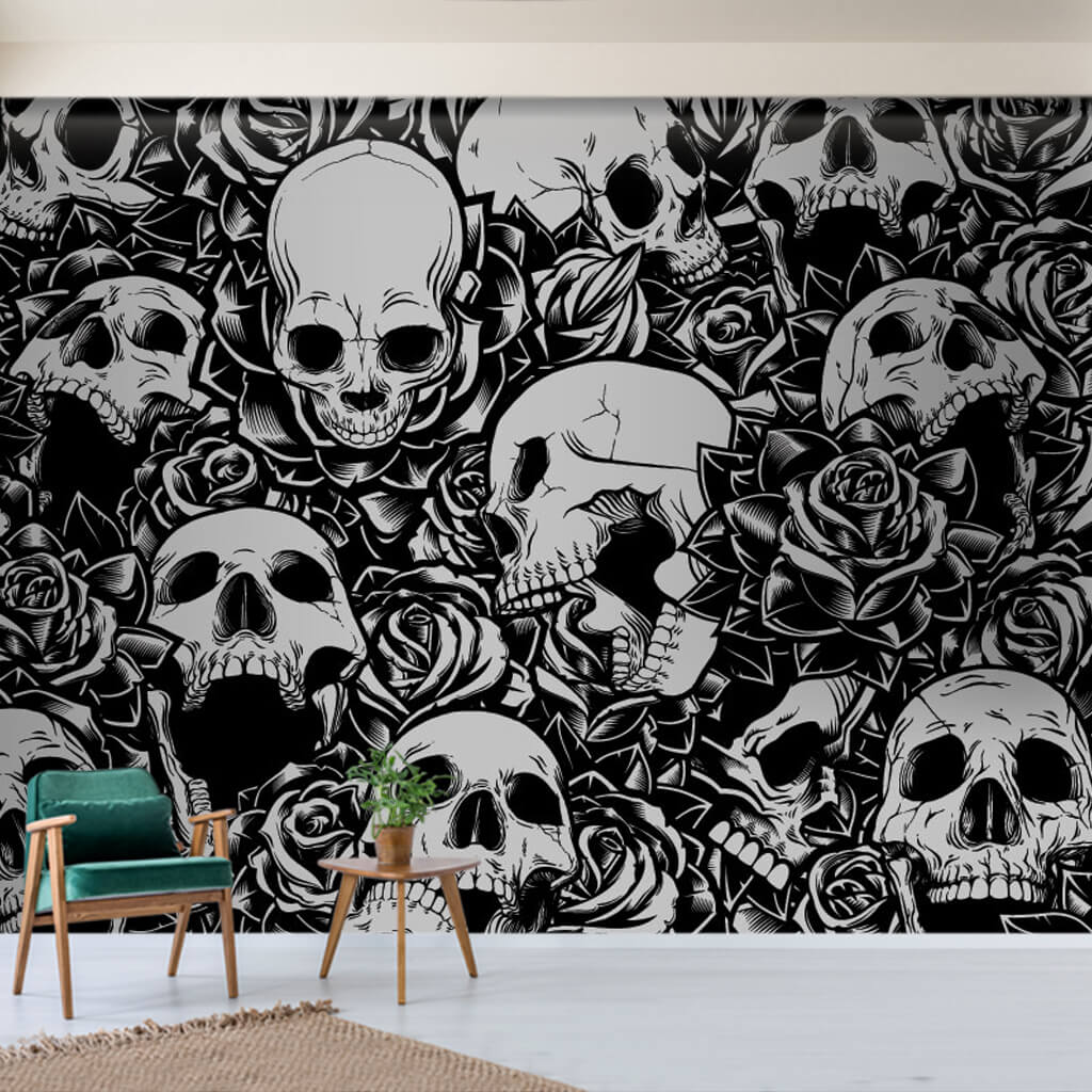 Open mouth skulls and roses drawing black white wall mural