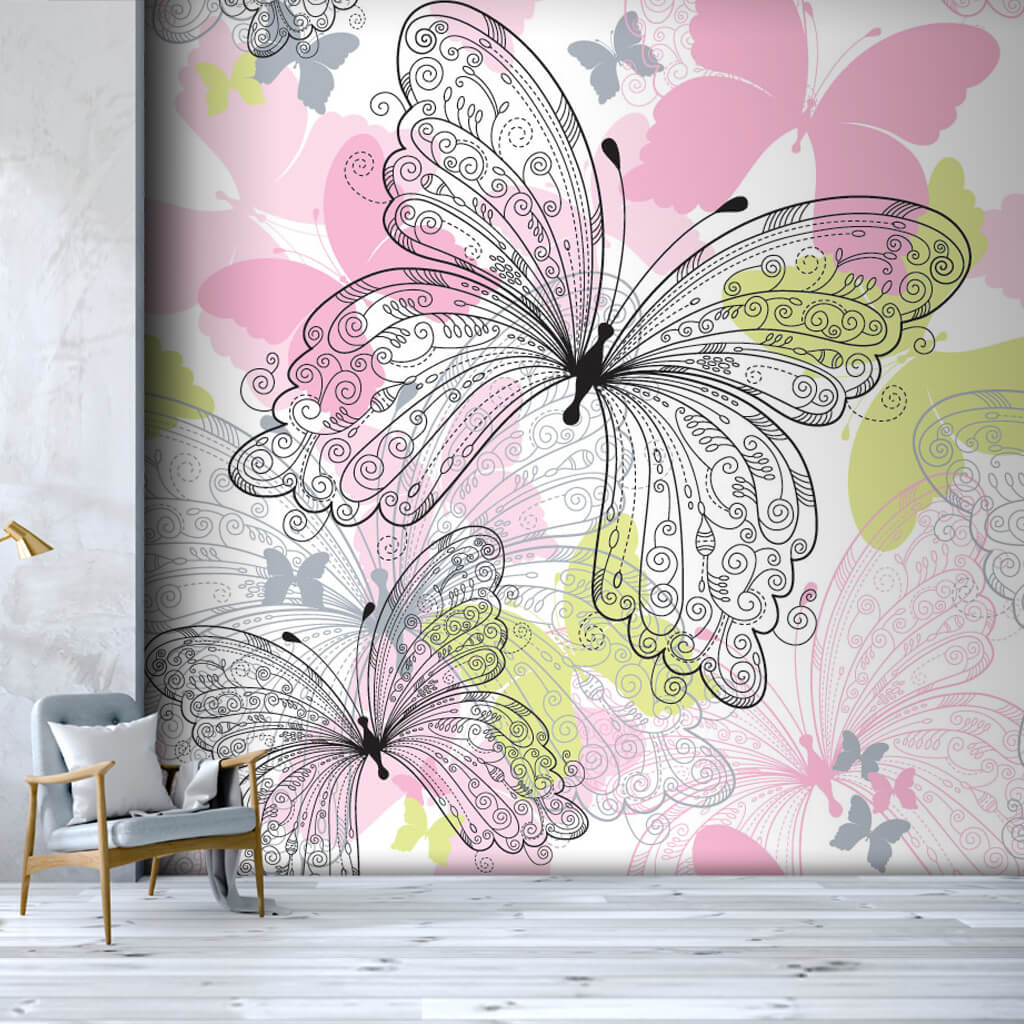 Vector linear butterfly on pink scalable custom wall mural