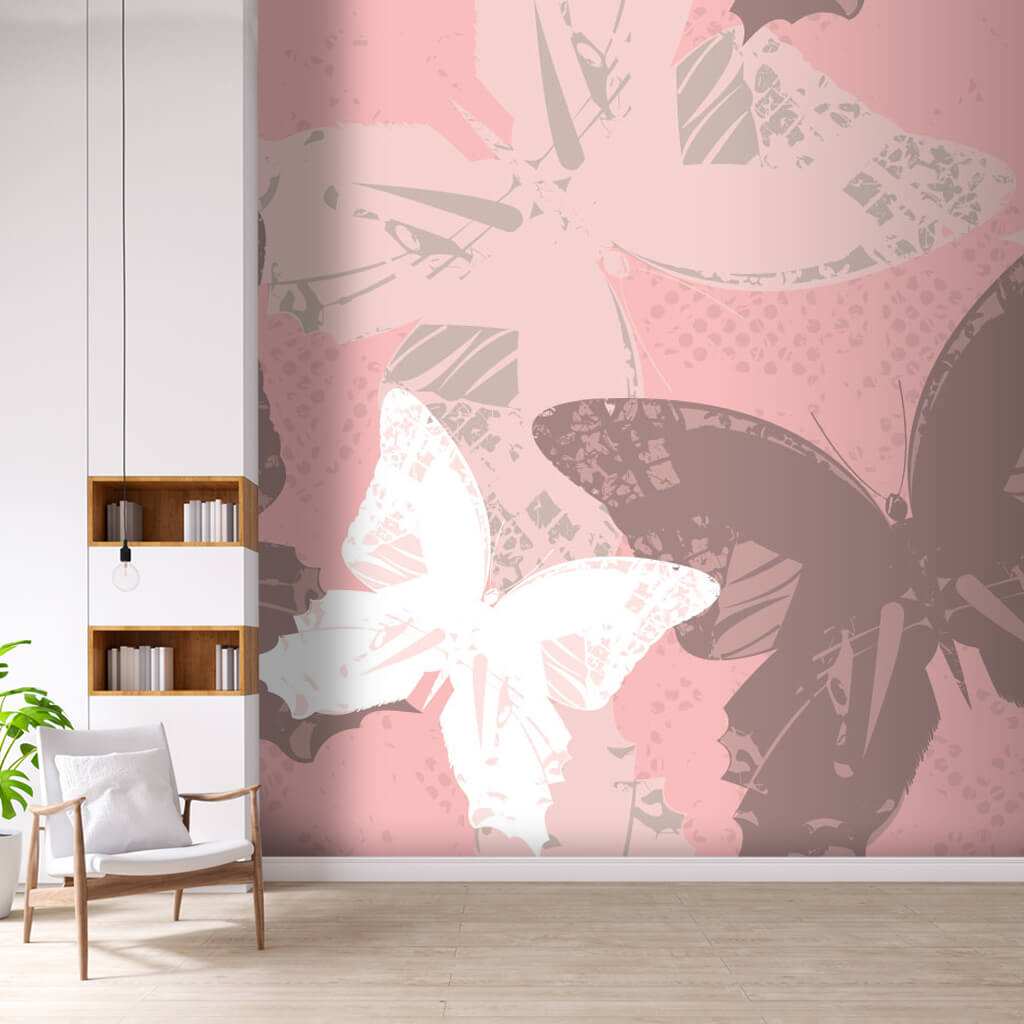 Soft retro butterflies on pink vectorial custom wall mural