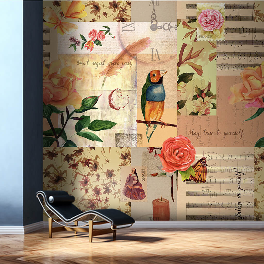 Renkli papağan güller ve müzik temalı kolaj duvar kağıdı
