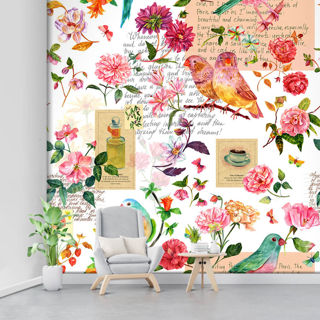 Lettering collage textured typography with flowers and birds