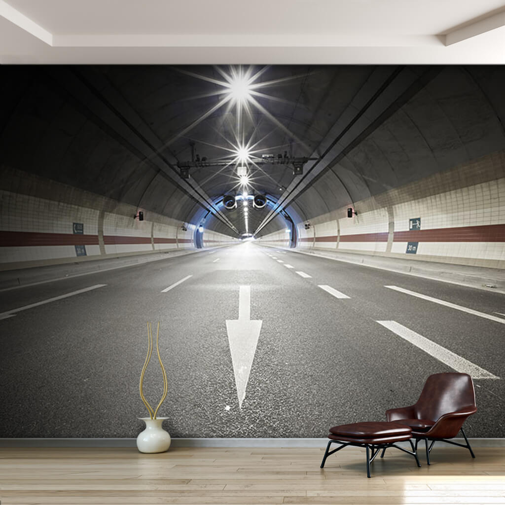 Tunnel lighting and depth on the highway in Prague wall mural