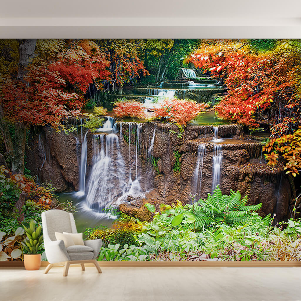 Forest landscape at autumn stream and waterfall wallpaper