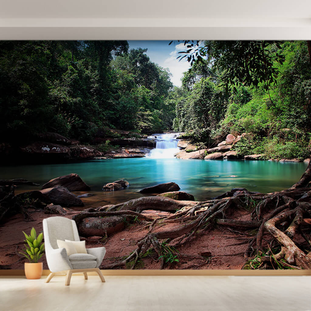Stream and pond in forest landscape tree roots wall mural