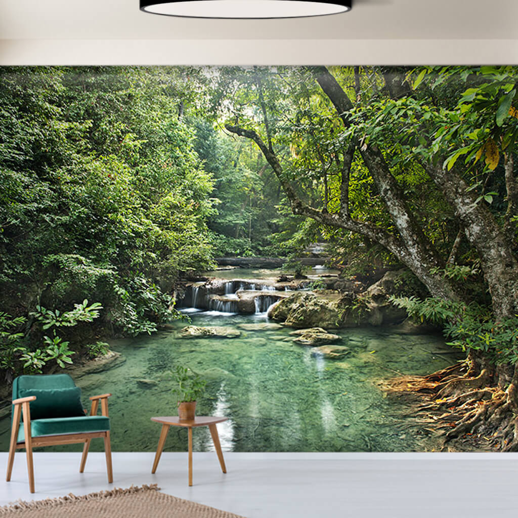 Stream and waterfall flowing through the jungle wall mural