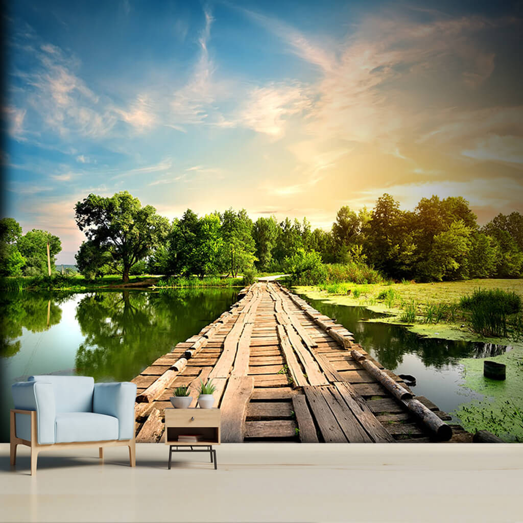 Wooden bridge and reeds on the pond custom wall mural