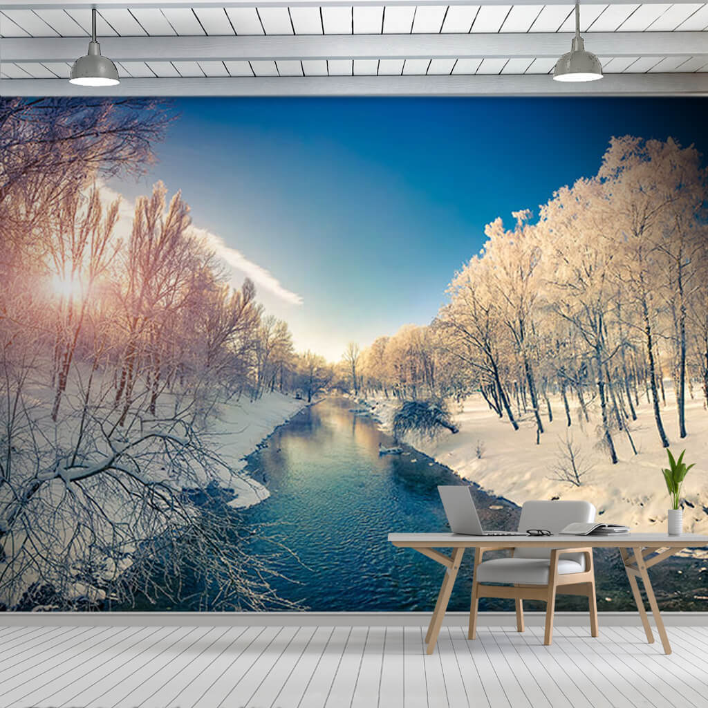 River in the middle of the snowy forest custom wall mural