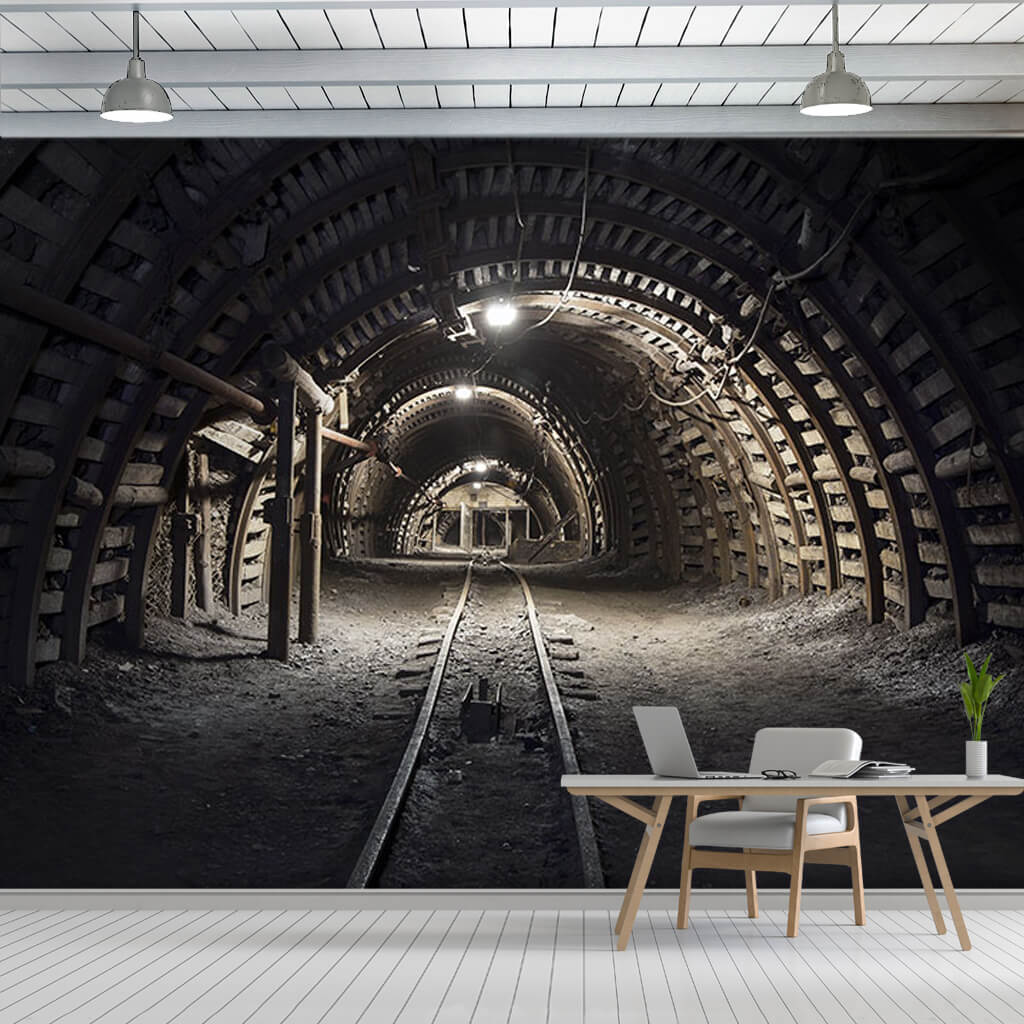 Kömür madeni tünel raylar ve 3D derinlik duvar kağıdı