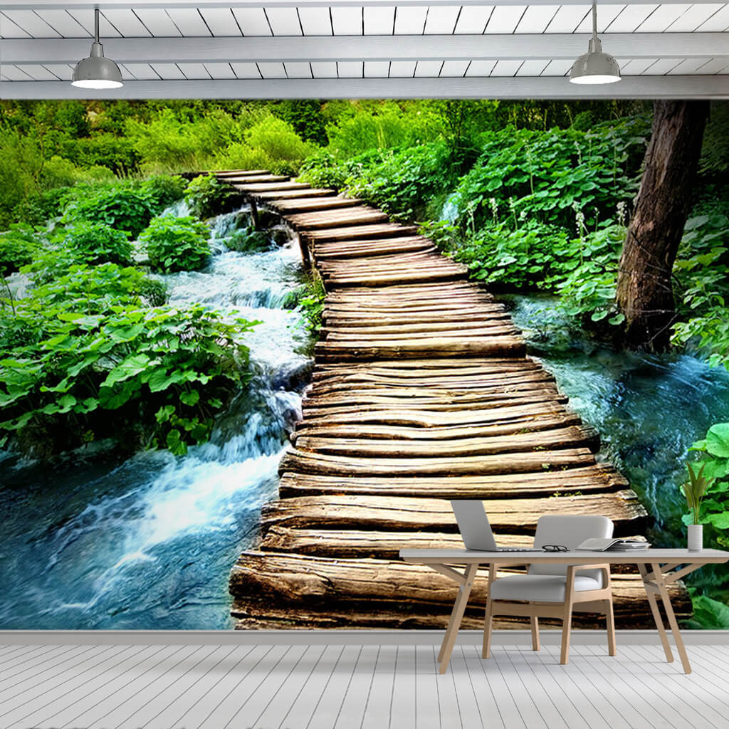 Wood bridge and stream in the forest custom wall mural