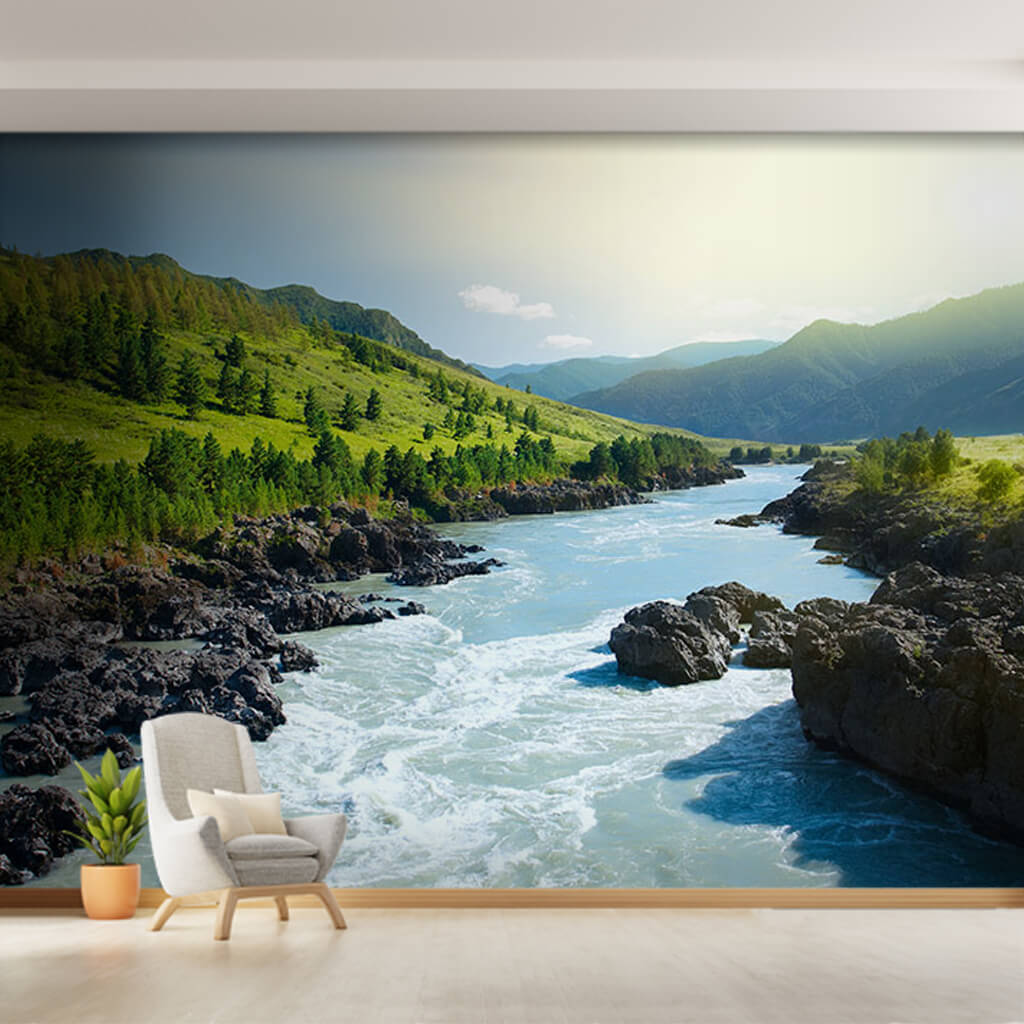 Siberian river and mountains nature scenery wall mural