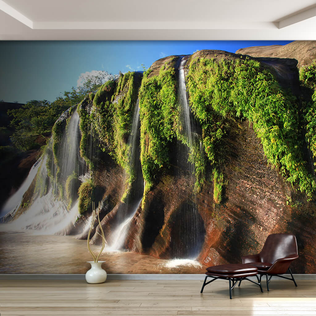 Green winding cliff and waterfall nature custom wall mural