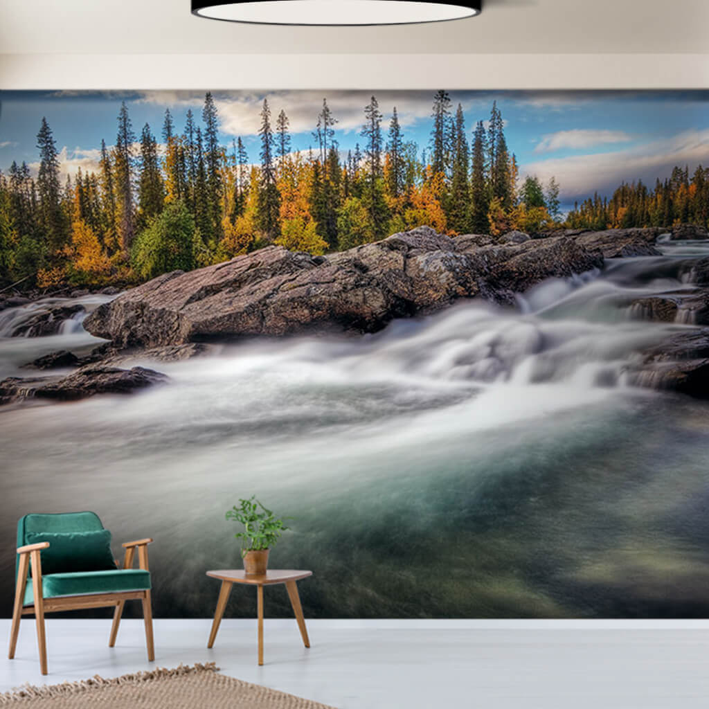 Waterfall and forest Long exposure Lapland Finland wall mural