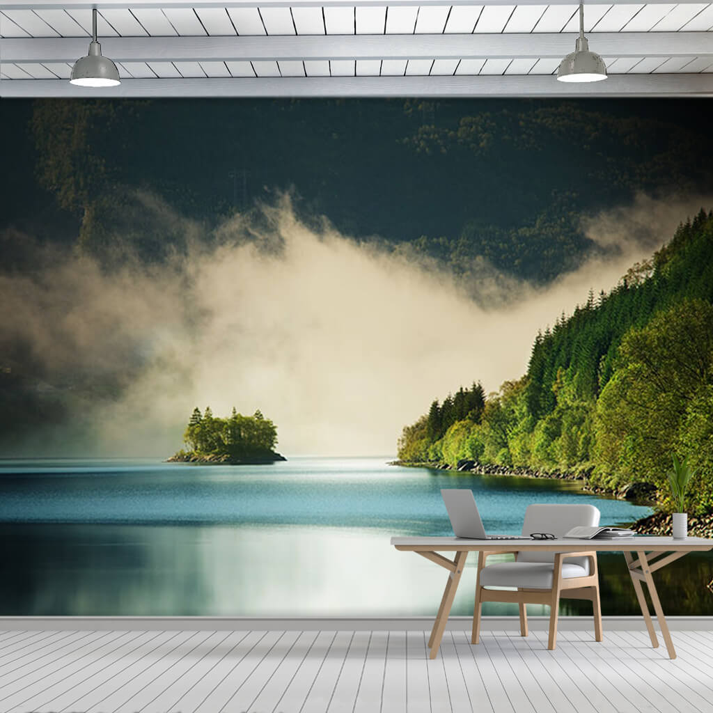 Green mountains over cloudy lake Hardangerfjord wall mural