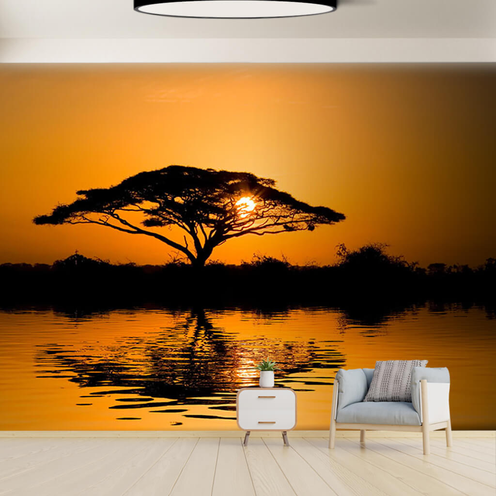 Savana'da gün batımı göl ve ağaç silueti Afrika duvar kağıdı