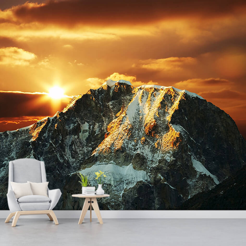 Snowy rocky mountain summit and sunset Chile wall mural