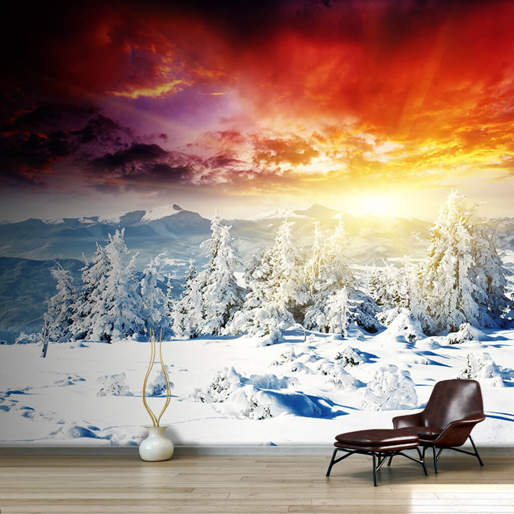 Snowy mountain forest and colorful sky custom wall mural