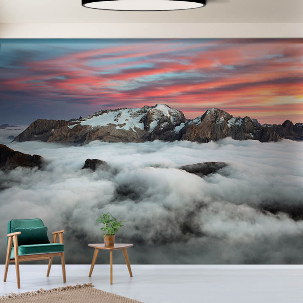 Illustration of clouds and mountain summit custom wall mural