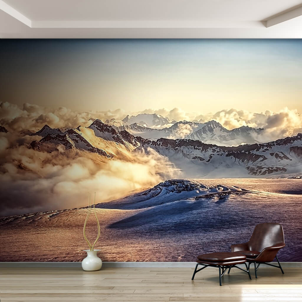 Snowy range mountains clouds landscape custom wall mural