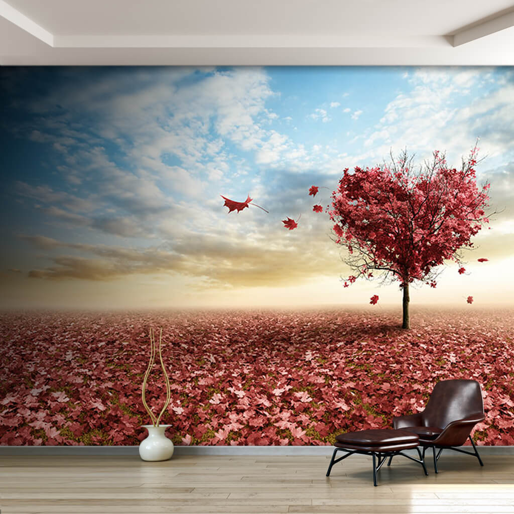 Heart shaped tree with spilled red leaves custom wall mural