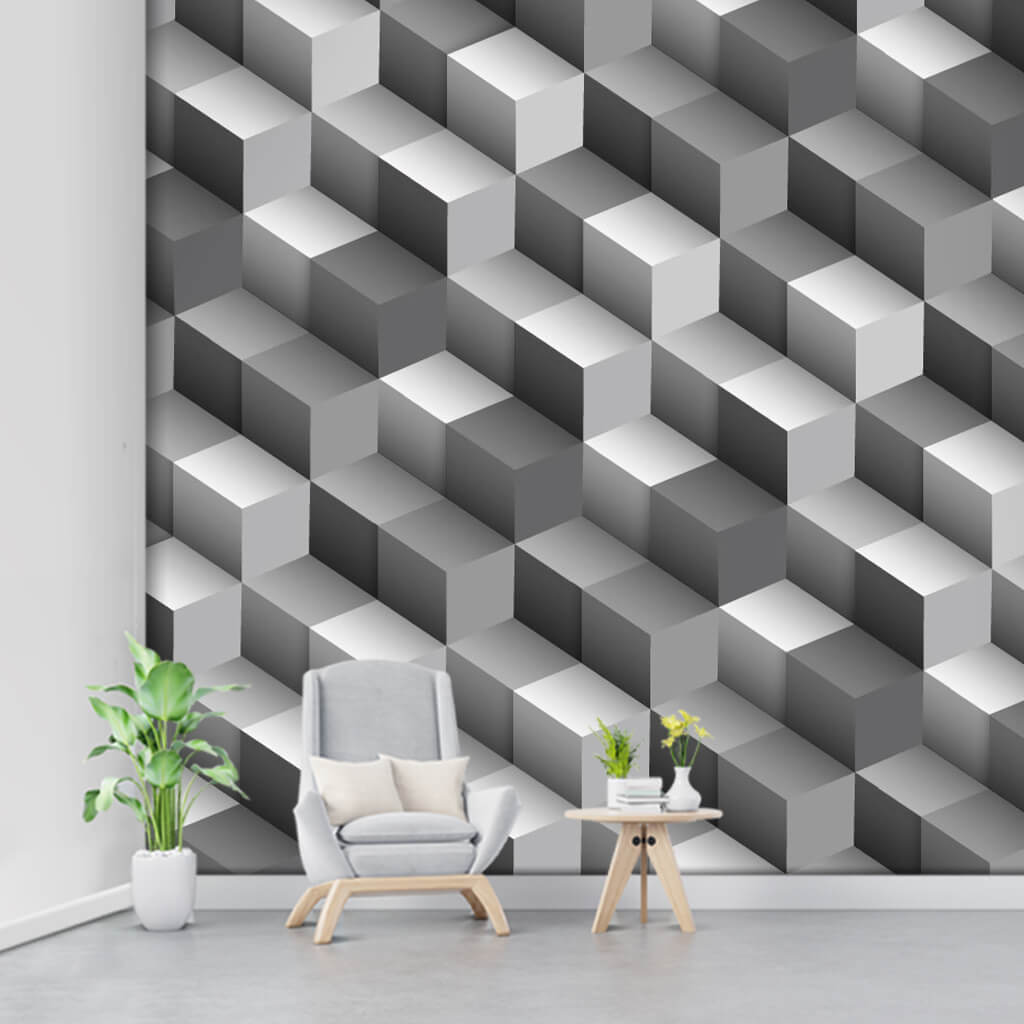 Monochrome cubes 3 dimensional pattern custom wall mural