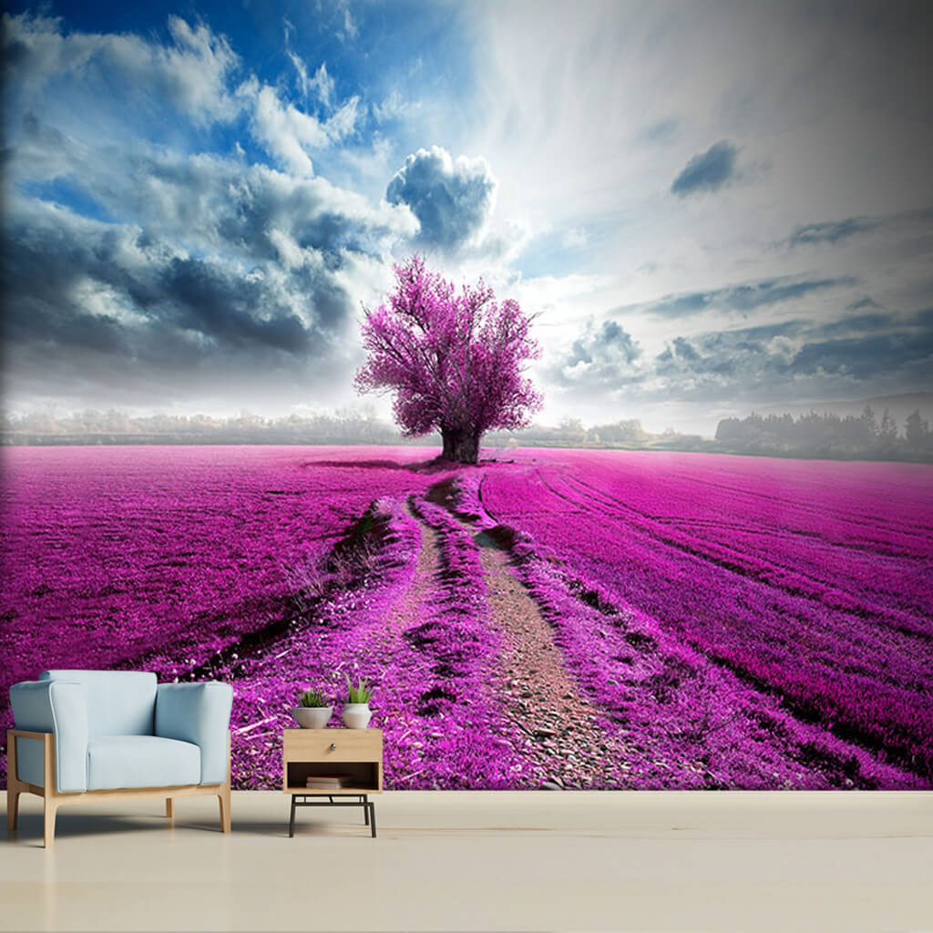 Trees on dirt road and fields surreal landscape wall mural