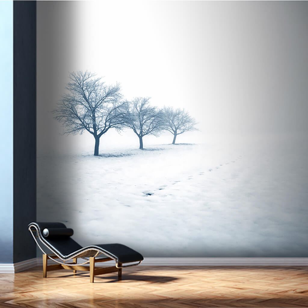 Kış mevsimi beyaz kar ve sis içinde 3 ağaç doğa duvar kağıdı