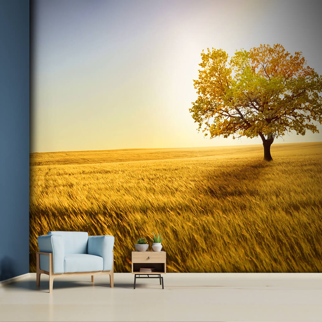 Single tree in a wheat crop barley oat field wall mural