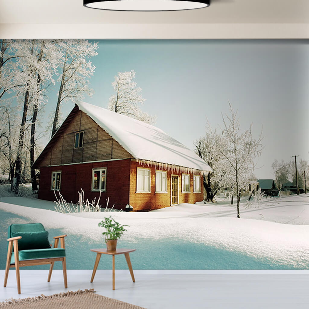 Snowy yellow wooden house winter landscape wall mural