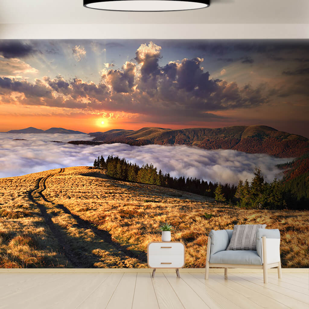 Sunset over the clouds from top of the mountain wall mural