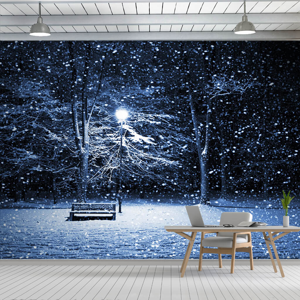 Snowy winter evening and light beneath the bench wall mural