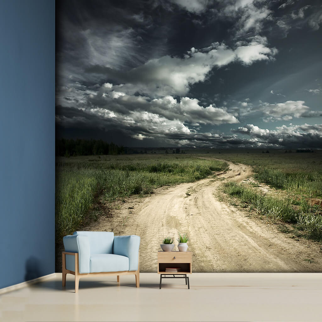 Dirt road stretching on plateau under cloudy sky wall mural